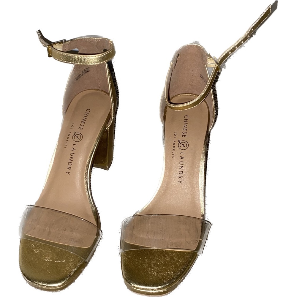 Chinese Laundry Teri Gold and Clear Metallic Ankle Strap Heels - Size 6.5